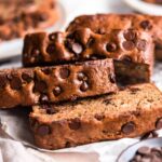 close up beauty shot of slices of banana bread so the chocolate chips on top are visible