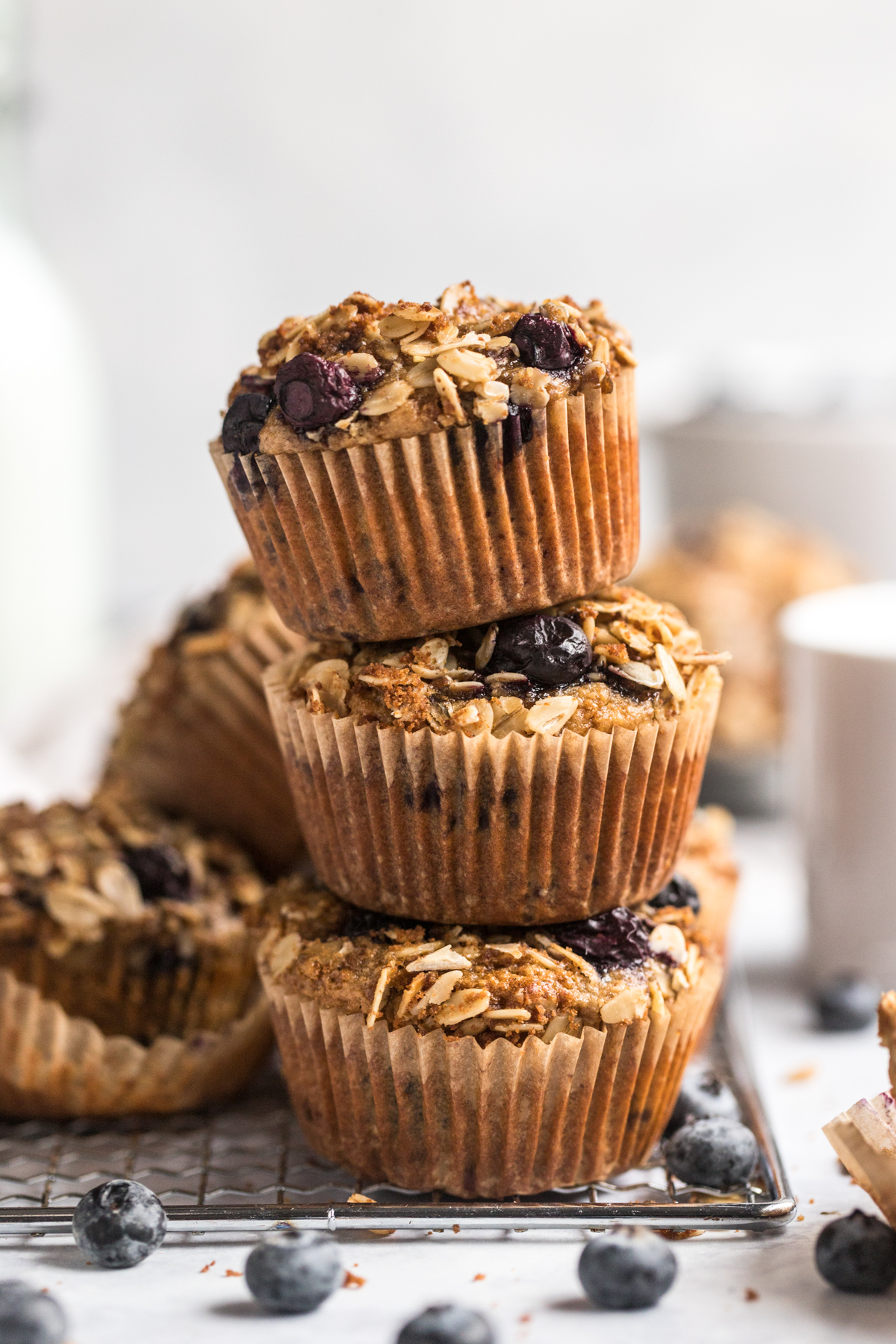 side view of 3 stacked banana oatmeal muffins
