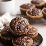 stack of chocolate zucchini muffins