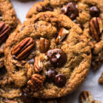 close up top down image of pecan chocolate chip cookies